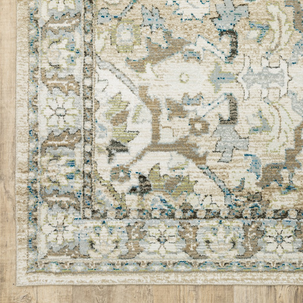 3' X 12' Beige And Ivory Medallion Runner Rug