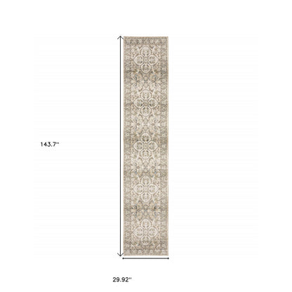 3' X 12' Beige And Ivory Medallion Runner Rug