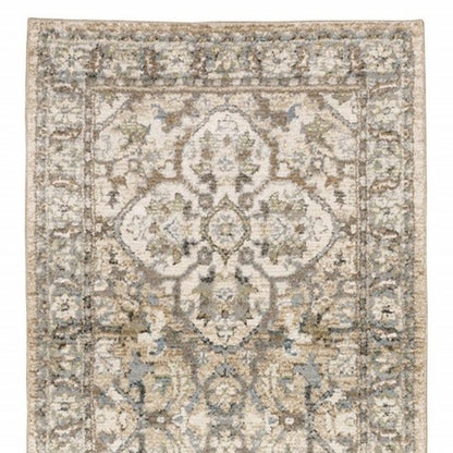 3' X 12' Beige And Ivory Medallion Runner Rug