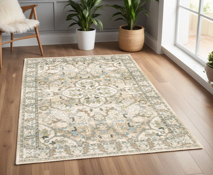 3' X 12' Beige And Ivory Medallion Runner Rug