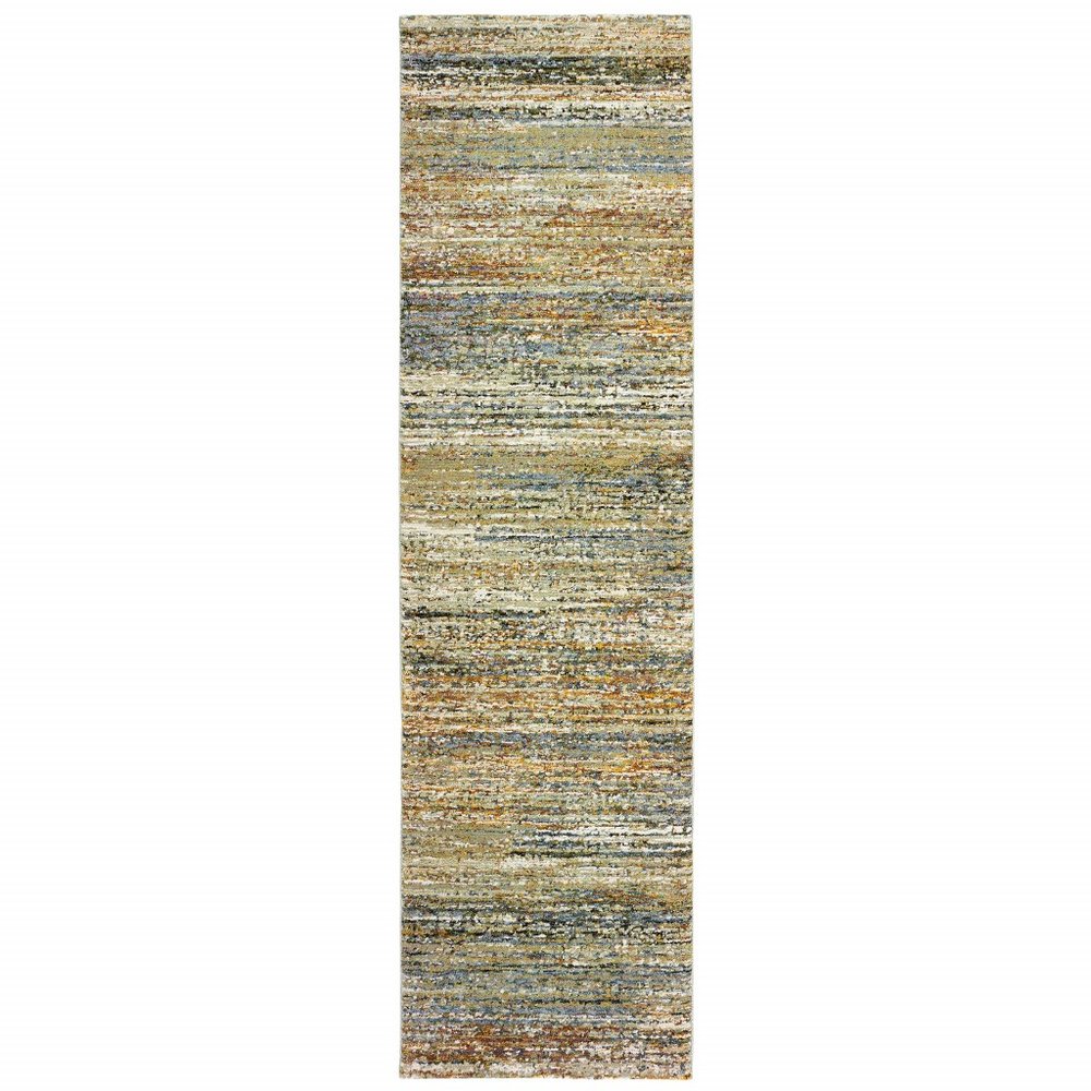 3' X 12' Gold And Green Abstract Runner Rug