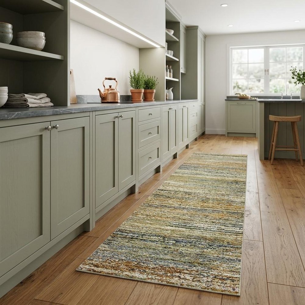 2' X 8' Gold And Green Abstract Runner Rug