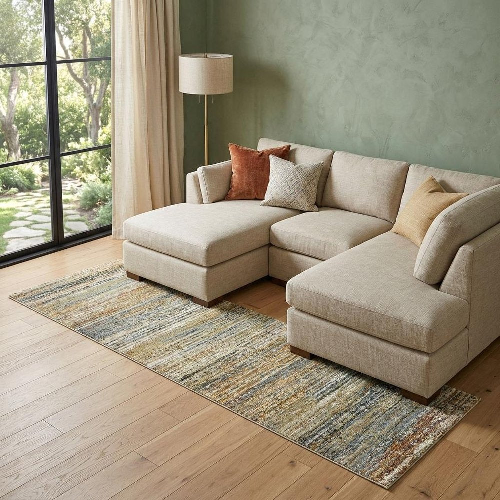 2' X 8' Gold And Green Abstract Runner Rug