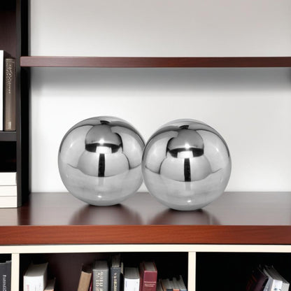 Set of Two Silver Buffed Aluminum Decorative Orb Tabletop Sculpture