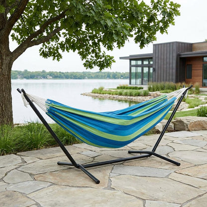 Blue And Green Stripe Two Person Hammock With Stand