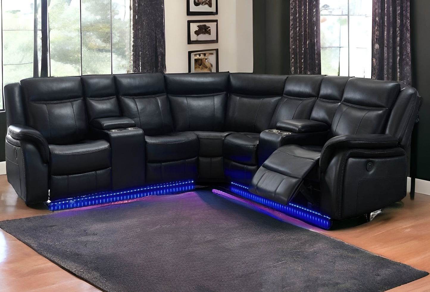 Black Polyester Blend Power Reclining L Shaped Three Piece Corner Sectional With Console