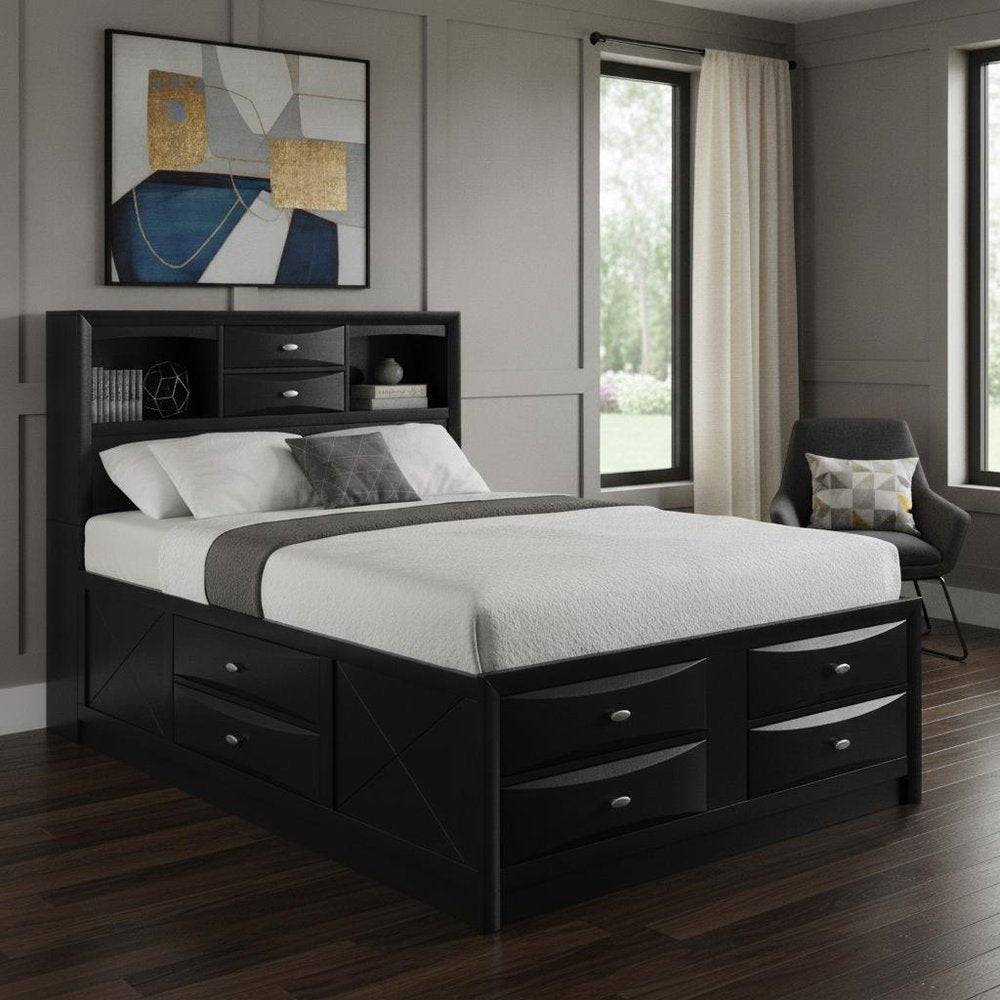 Black Solid Wood Queen Bed Frame With Eight Drawers