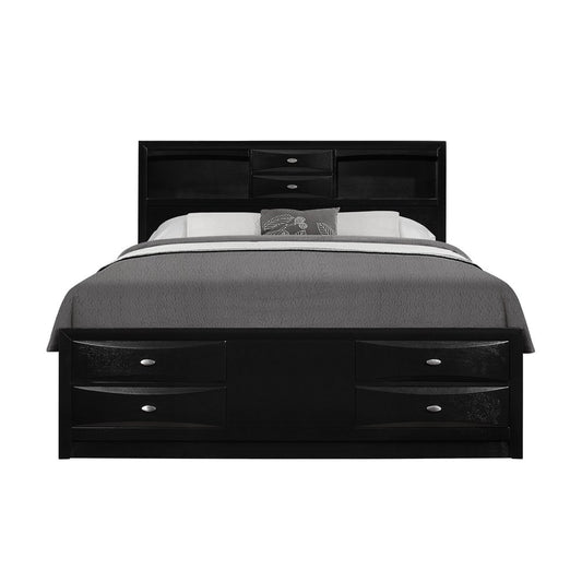 Black Carved Abstract Solid Wood King Bed Frame With Drawers