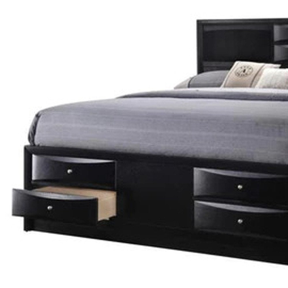 Black Carved Abstract Solid Wood King Bed Frame With Drawers