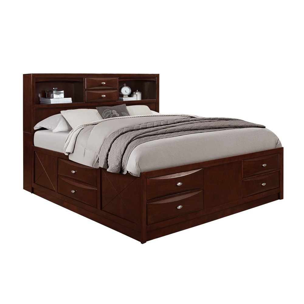 Merlot Solid Wood King Bed Frame With Eight Drawers
