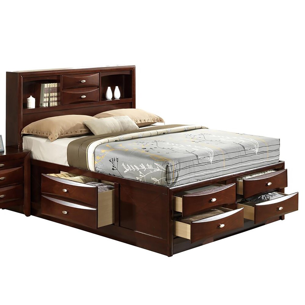 Merlot Solid Wood King Bed Frame With Eight Drawers