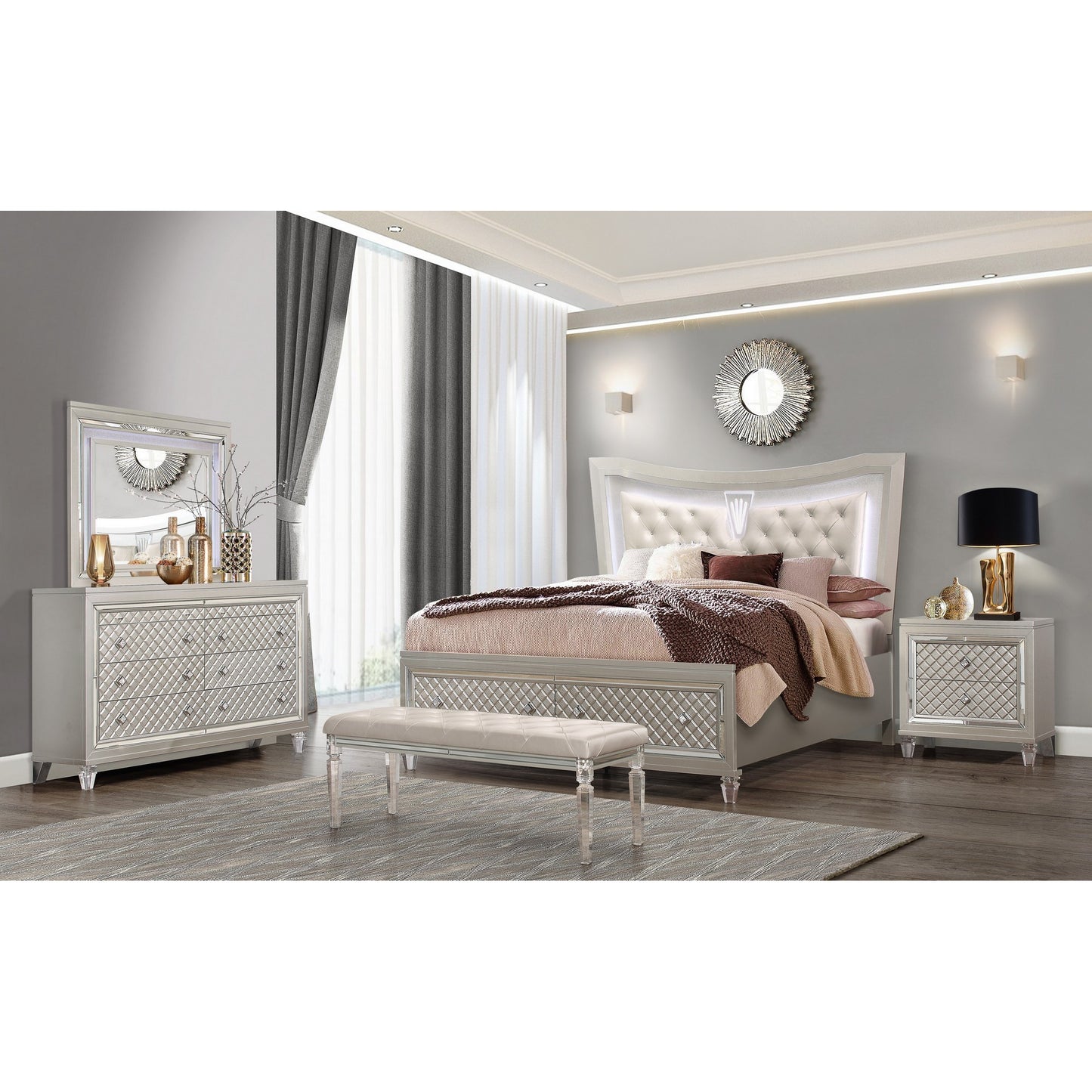 Champagne Tone Queen Bed With Padded Headboard  Led Lightning  2 Drawer