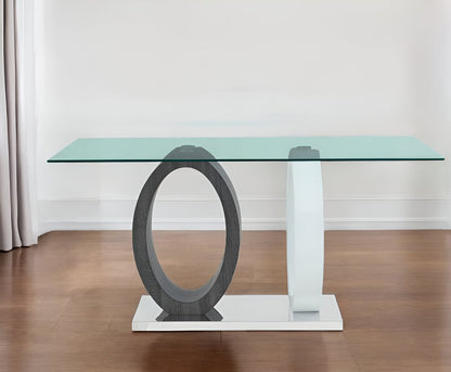 63" Clear Gray and White Glass And Metal Double Pedestal Base Dining Table