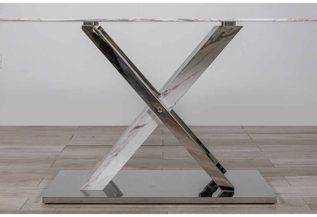 71" Gray and White And Silver Marble And Stainless Steel Pedestal Base Dining Table