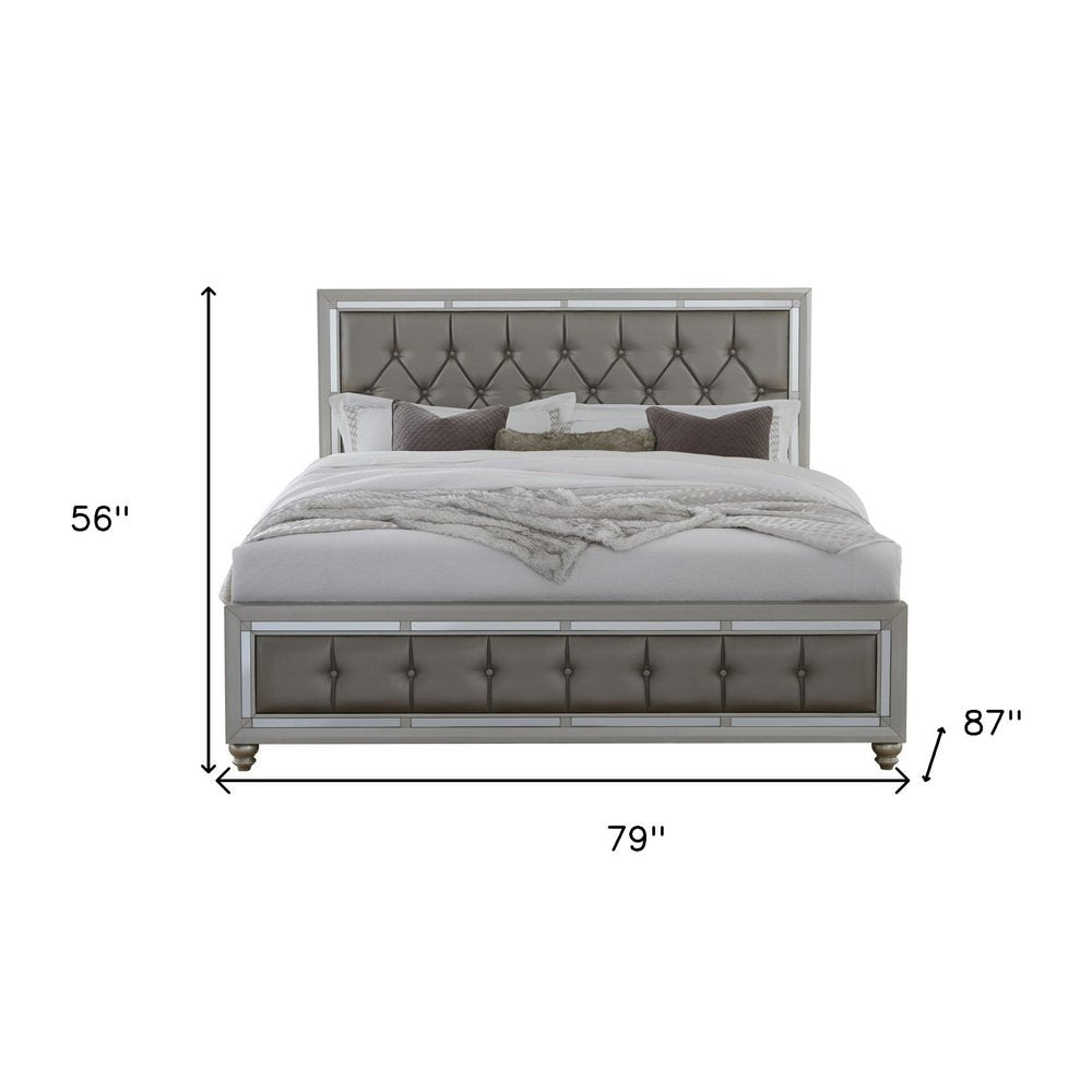 Silver Tufted Linen Upholstered Full Bed Frame with Nailhead Trim With No