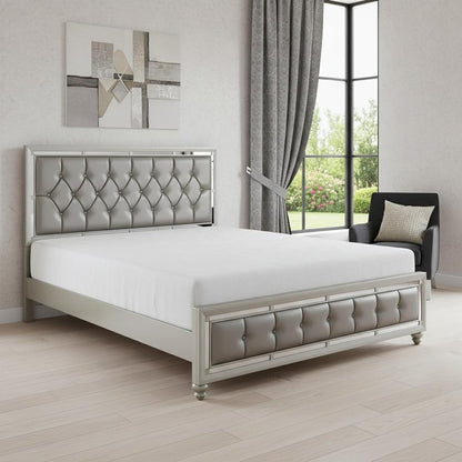 Silver Tufted Linen Upholstered Full Bed Frame with Nailhead Trim With No