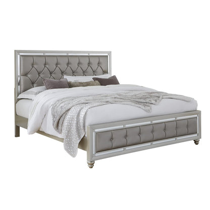 Silver Wood And Tufted Linen Queen Bed Frame With Nailhead Trim