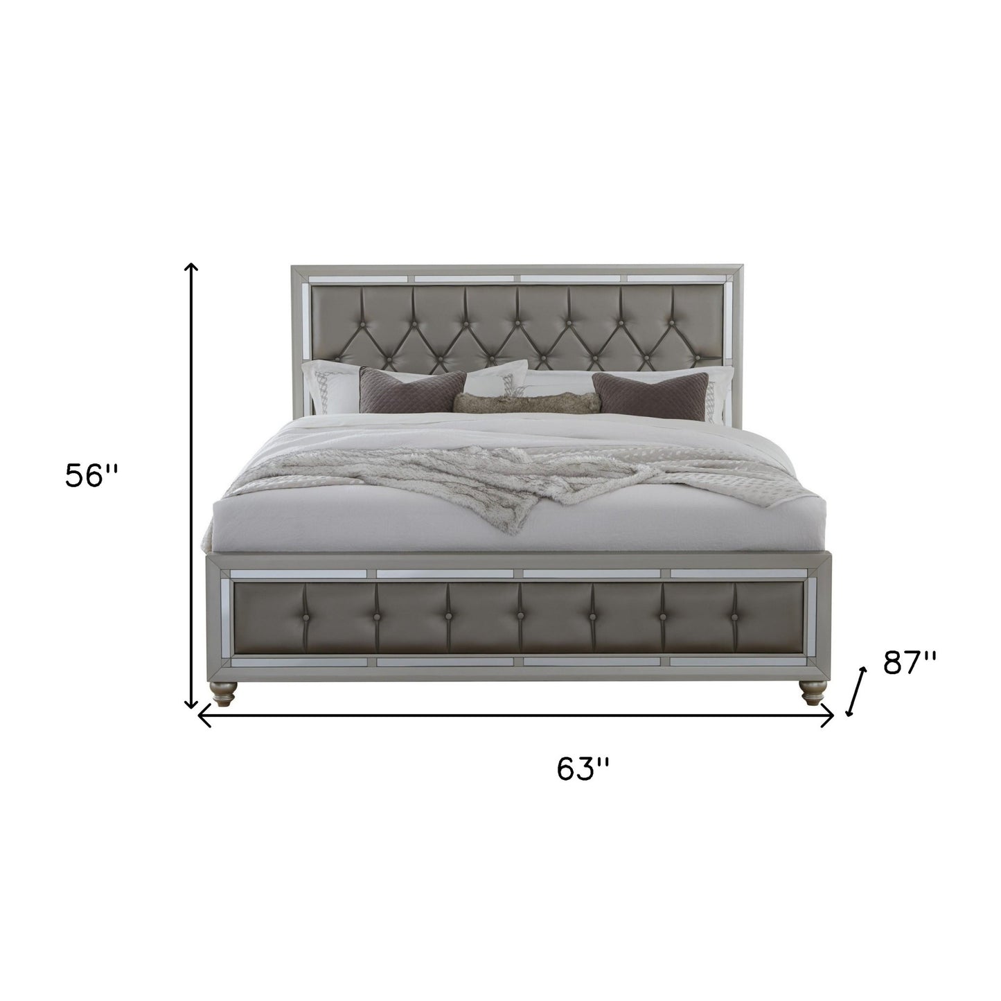 Silver Champagne Tone Queen Bed  Padded Headboard  Padded Footboard  Mirror Trim Accents