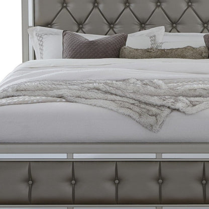 Silver Wood And Tufted Linen Queen Bed Frame With Nailhead Trim