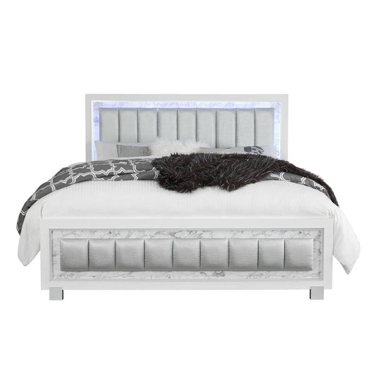 White Solid Wood And Faux Leather Lighted King Bed Frame With No
