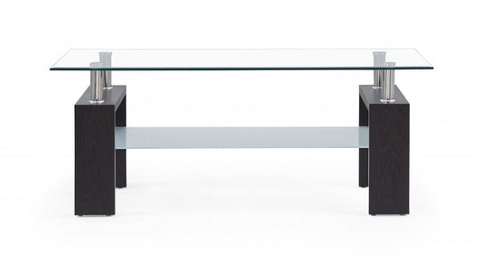 43" Clear And Dark Brown Glass Coffee Table With Shelf