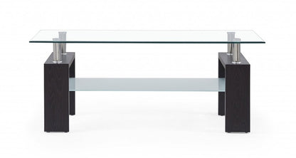43" Clear And Dark Brown Glass Coffee Table With Shelf