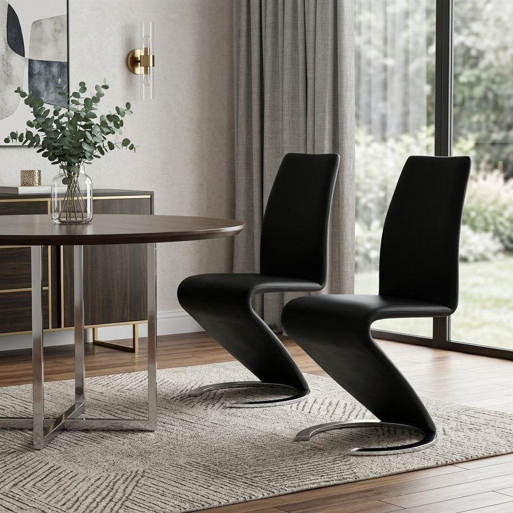 Set of Two Black and Silver Upholstered Faux Leather Dining Parsons Chairs