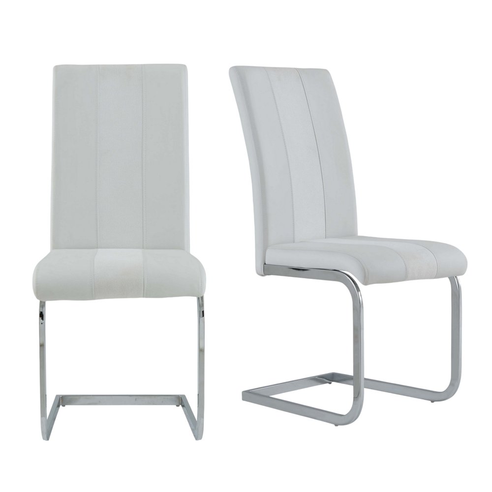 Set of Four White and Silver Upholstered Faux Leather Dining Side Chairs