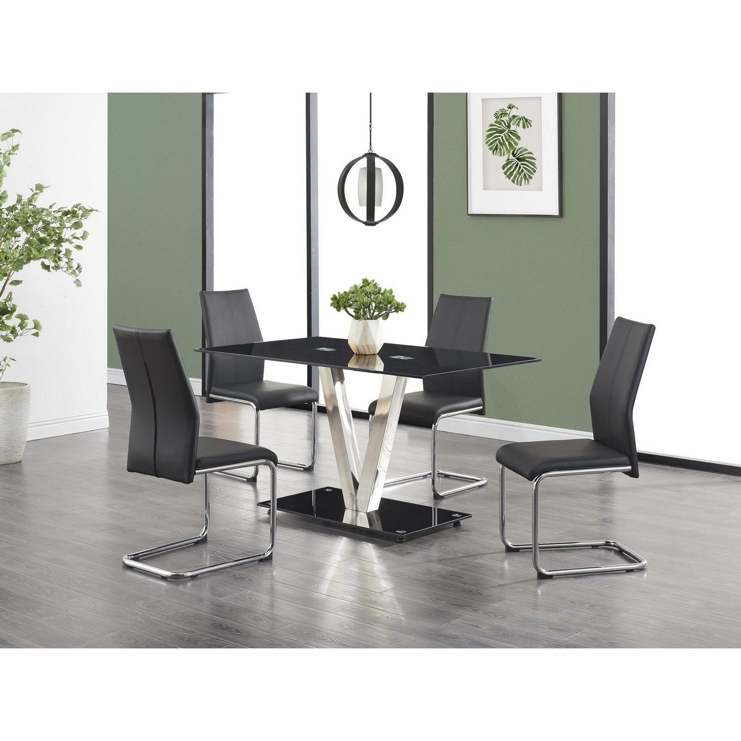 Set of Four Black And Silver Upholstered Faux Leather Dining Side Chairs