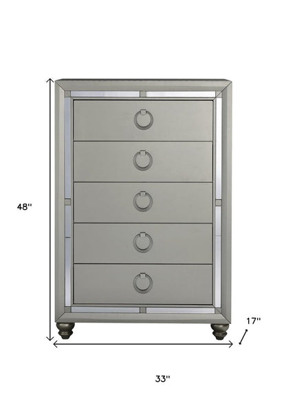33" Silver Solid Wood Mirrored Five Drawer Dresser