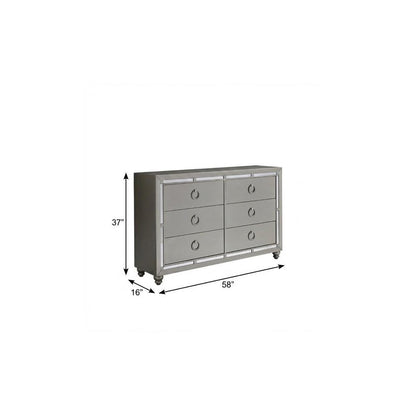 58" Silver Solid Wood Mirrored Six Drawer Double Dresser