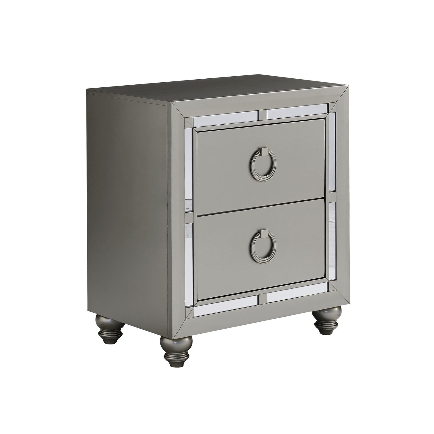 Silver Champagne Tone Nightstand With 2 Drawer  Mirror Trim Accent