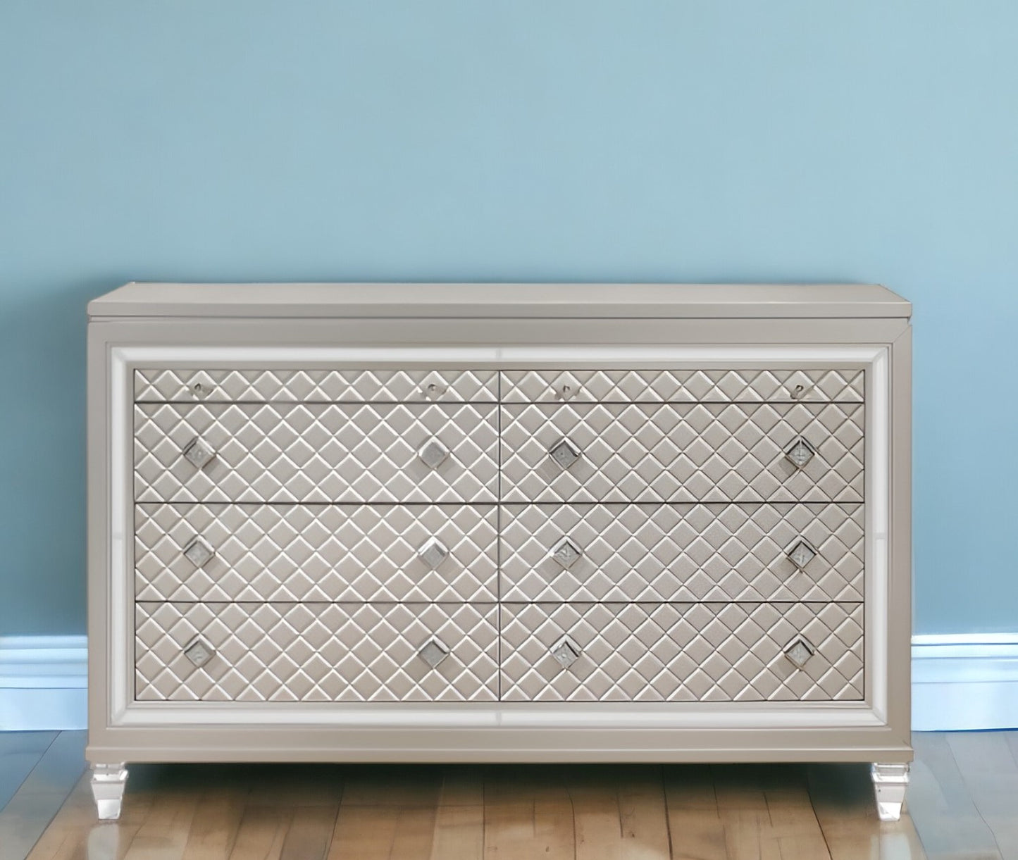 Champagne Toned Dresser With Tapered Acrylic Legs And 2 Jewelry Drawers