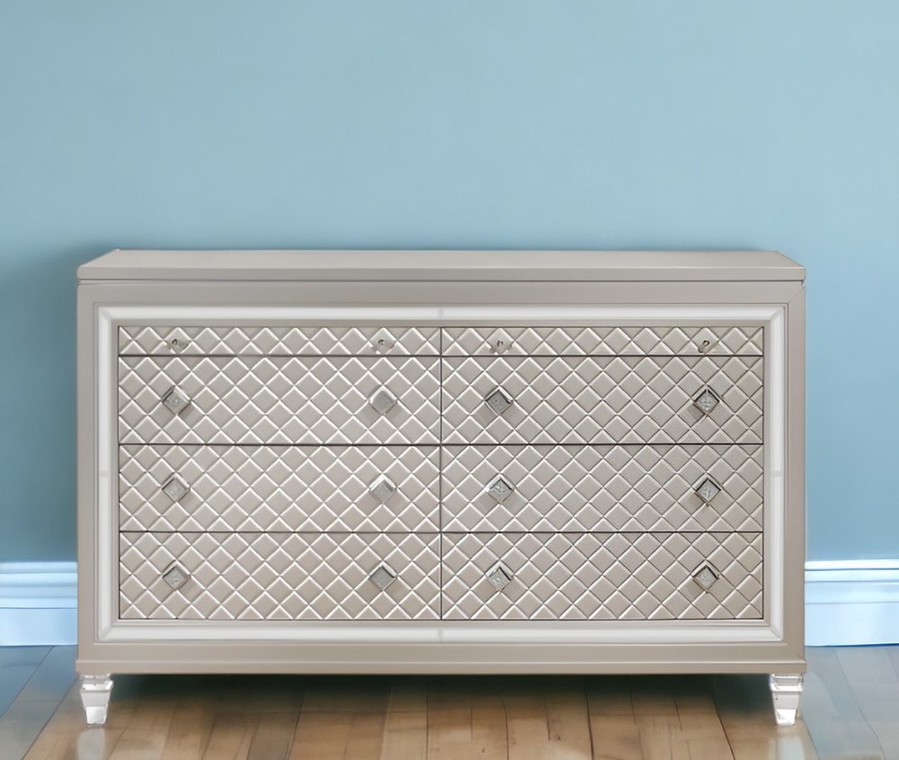 65" Champagne Solid Wood With Bling Six Drawer Double Dresser