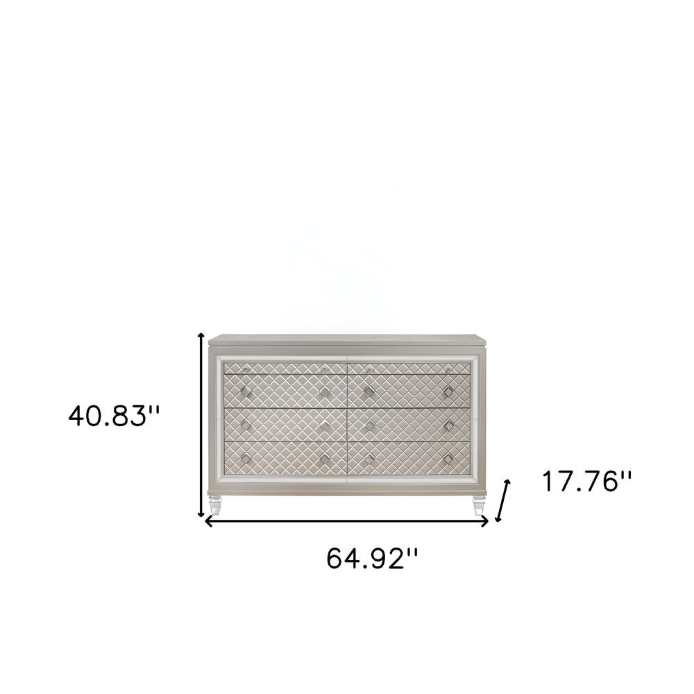 65" Champagne Carved Geometric Solid Wood Mirrored Six Drawer Dresser