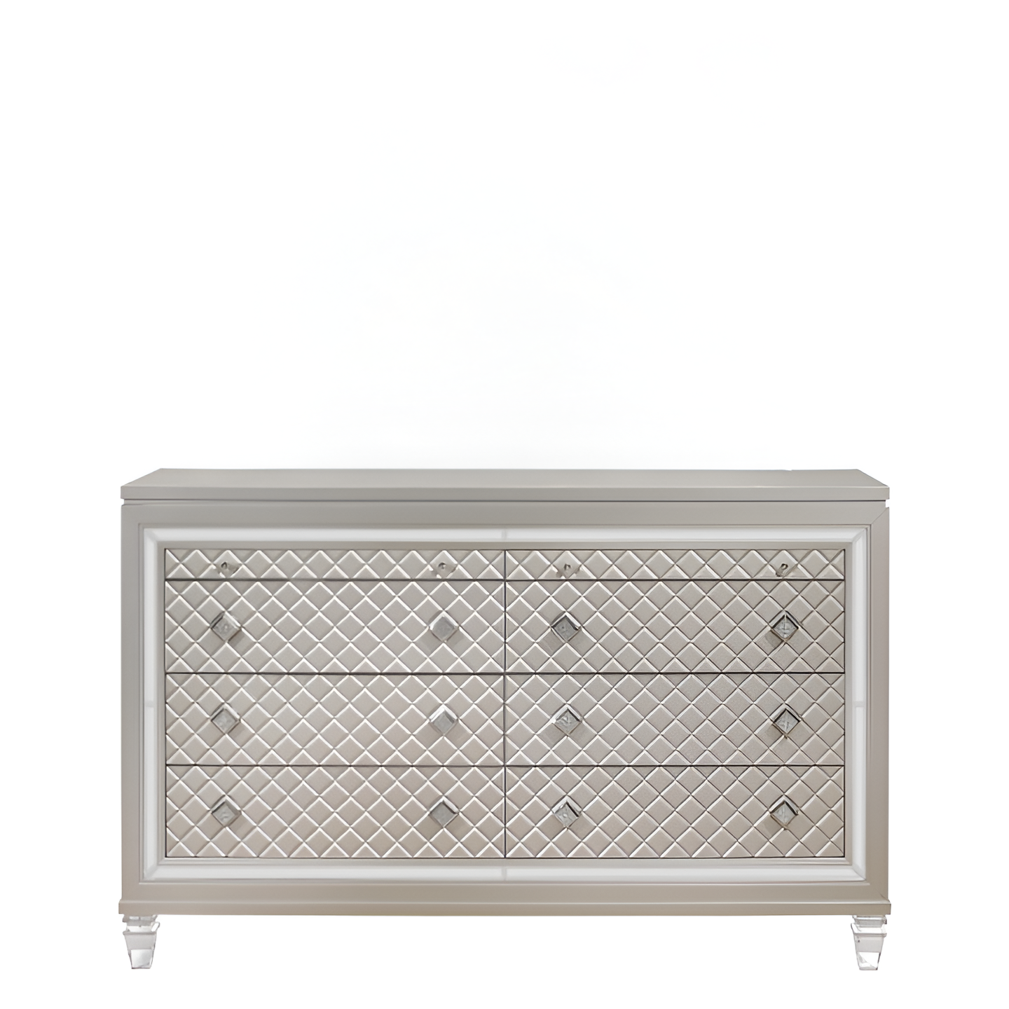 Champagne Toned Dresser With Tapered Acrylic Legs And 2 Jewelry Drawers