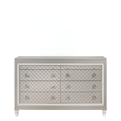 65" Champagne Carved Geometric Solid Wood Mirrored Six Drawer Dresser