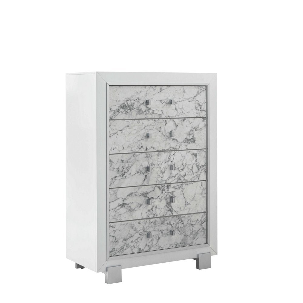 33" White Faux Marble And Solid Wood Five Drawer Dresser