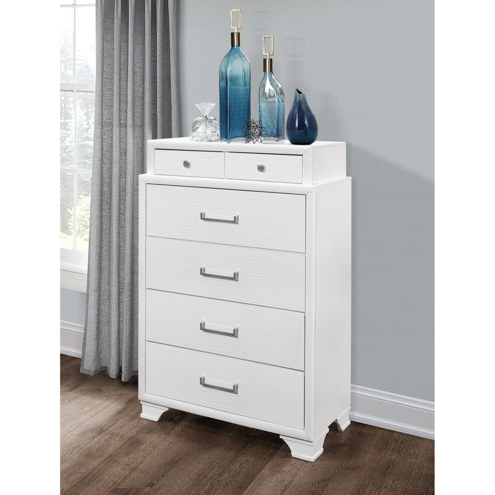 35" White Ribbed Texture Solid Wood Six Drawer Dresser