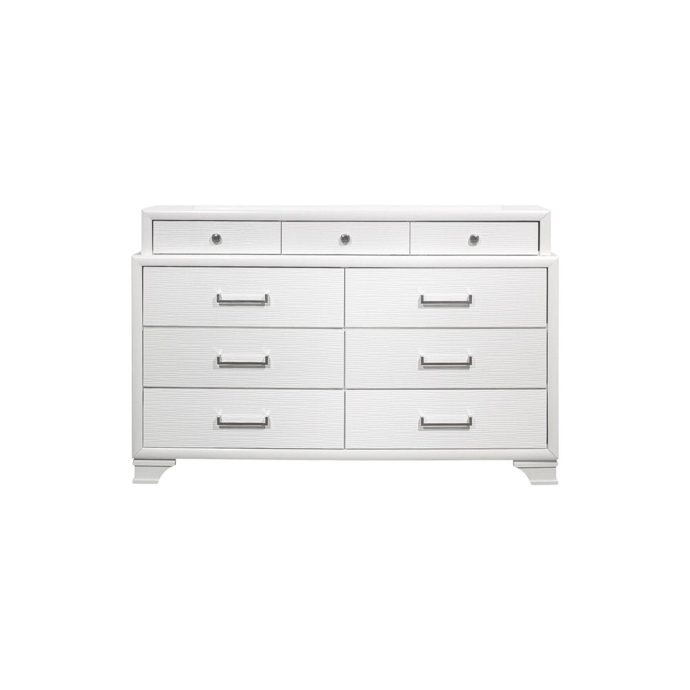 59" White Ribbed Texture Solid Wood Nine Drawer Double Dresser