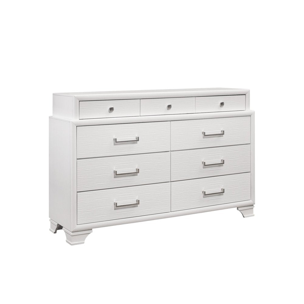 59" White Ribbed Texture Solid Wood Nine Drawer Double Dresser