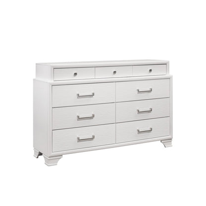 59" White Ribbed Texture Solid Wood Nine Drawer Double Dresser