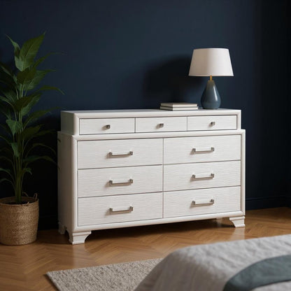 59" White Ribbed Texture Solid Wood Nine Drawer Double Dresser