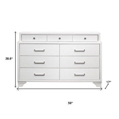 59" White Ribbed Texture Solid Wood Nine Drawer Double Dresser