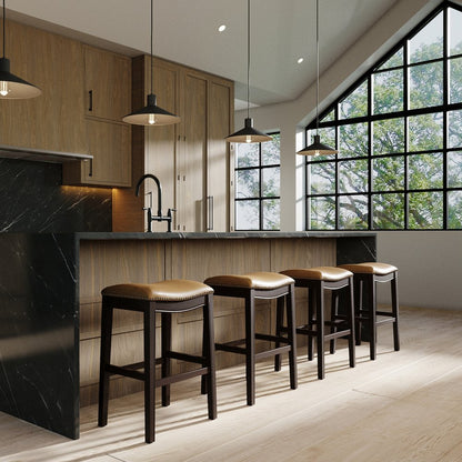 31" Tan and Espresso Faux Leather and Solid Wood Backless Counter Height Bar Chair