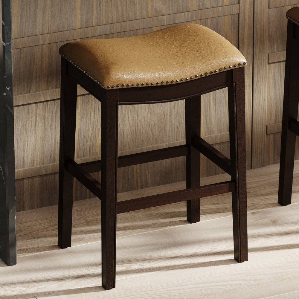 31" Tan and Espresso Faux Leather and Solid Wood Backless Counter Height Bar Chair