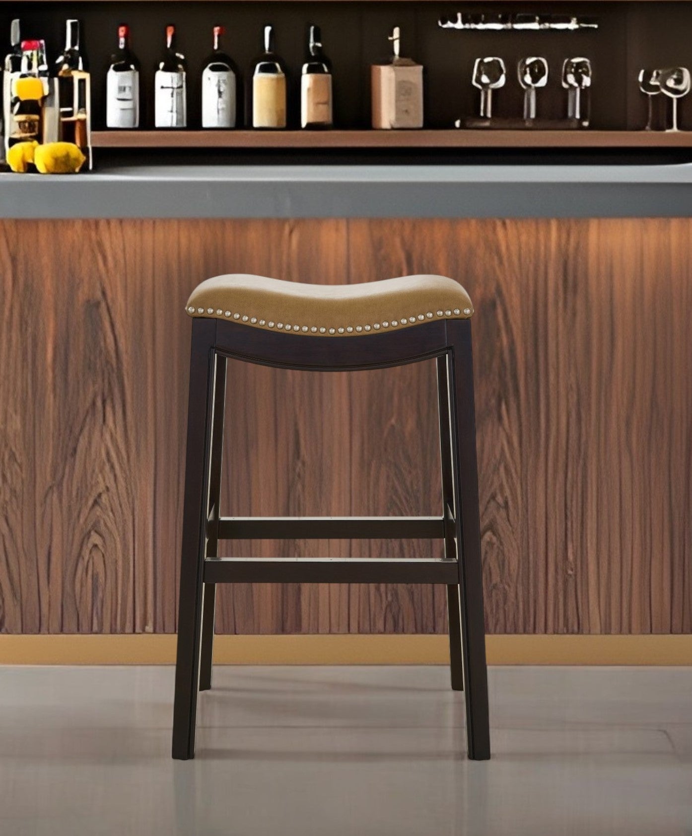 31" Tan and Espresso Faux Leather and Solid Wood Backless Counter Height Bar Chair