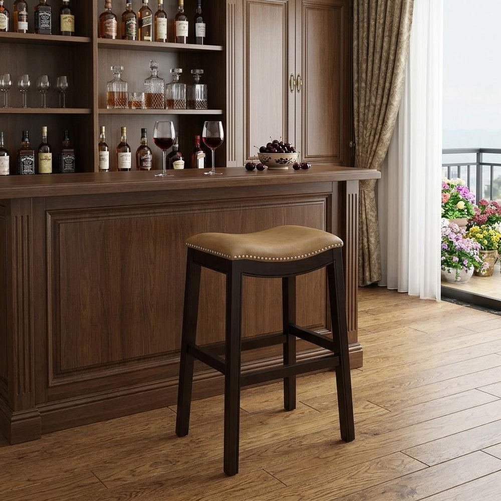 26" Tan And Espresso Solid Wood Backless Bar Height Bar Chair