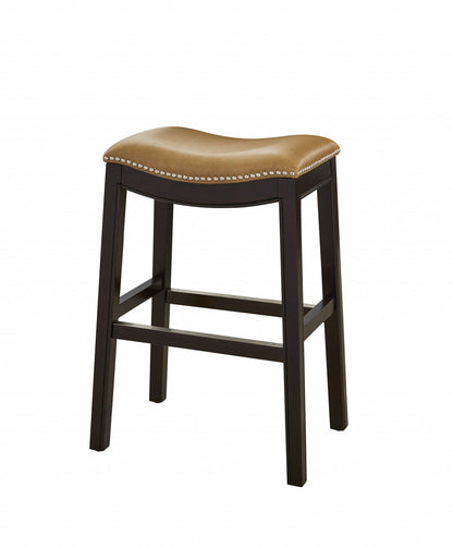 26" Tan and Espresso Solid Wood Backless Bar Height Bar Chair