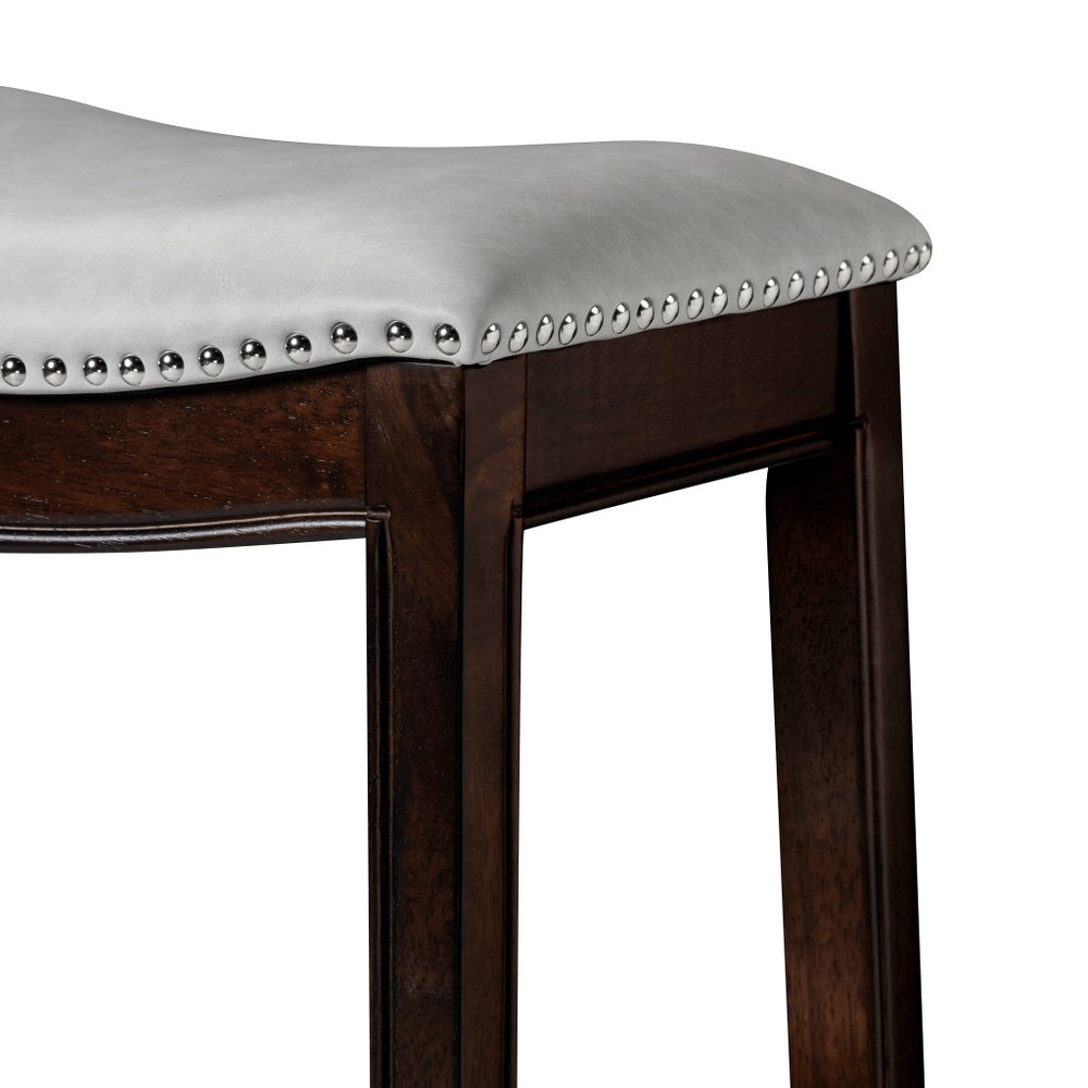31" Gray And Espresso Faux Leather And Solid Wood Backless Bar Height Bar Chair